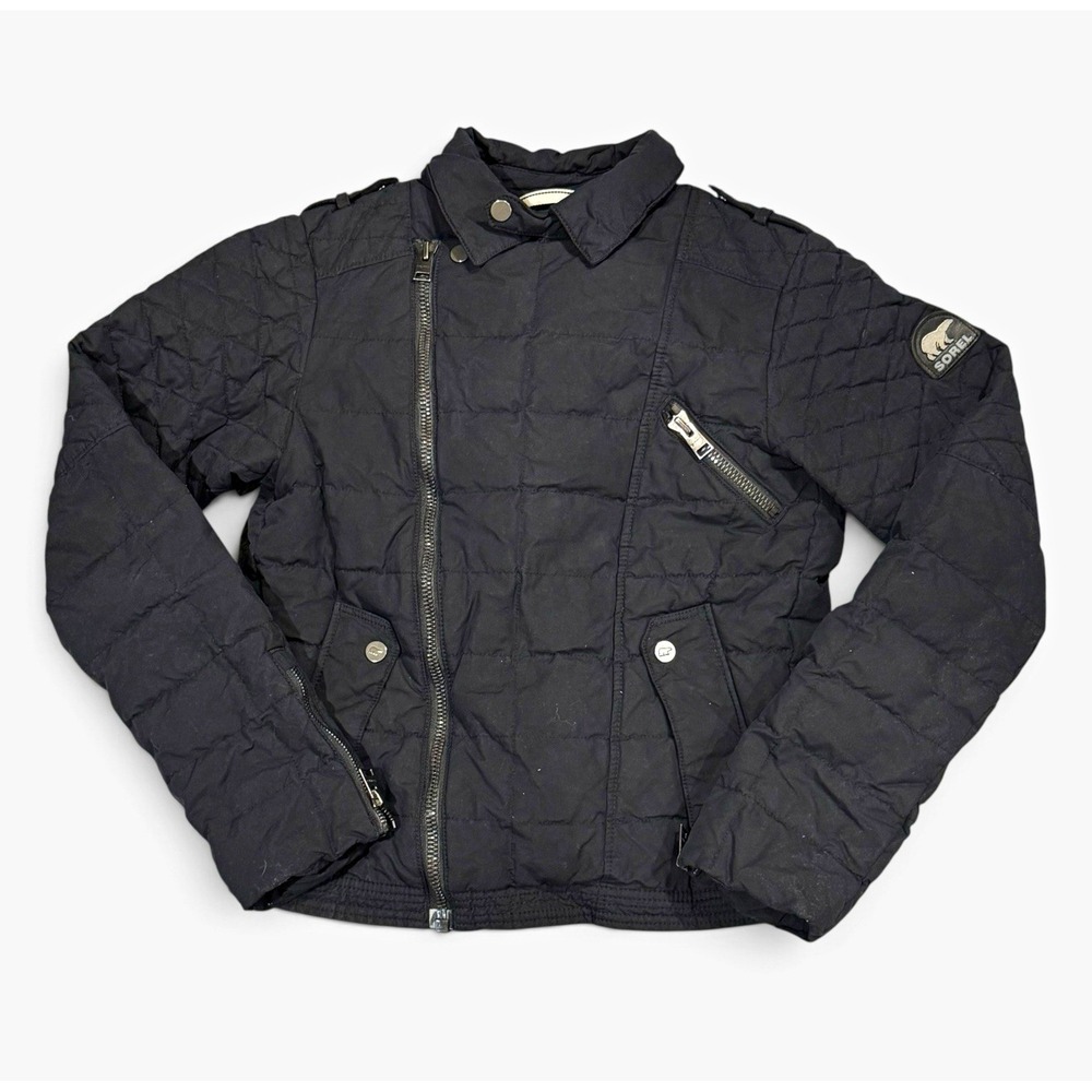 Sorel Goose Down Moto Jacket S Black Quilted Asymmetric Puffer Biker Warm Gorp